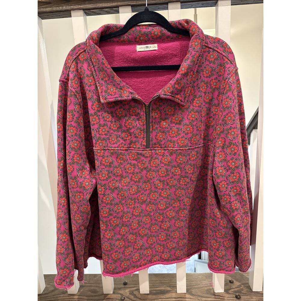 Natural Life 1/4 Zip Sweatshirt L/XL Pink Floral Boho Cottagecore Cozy Pullover